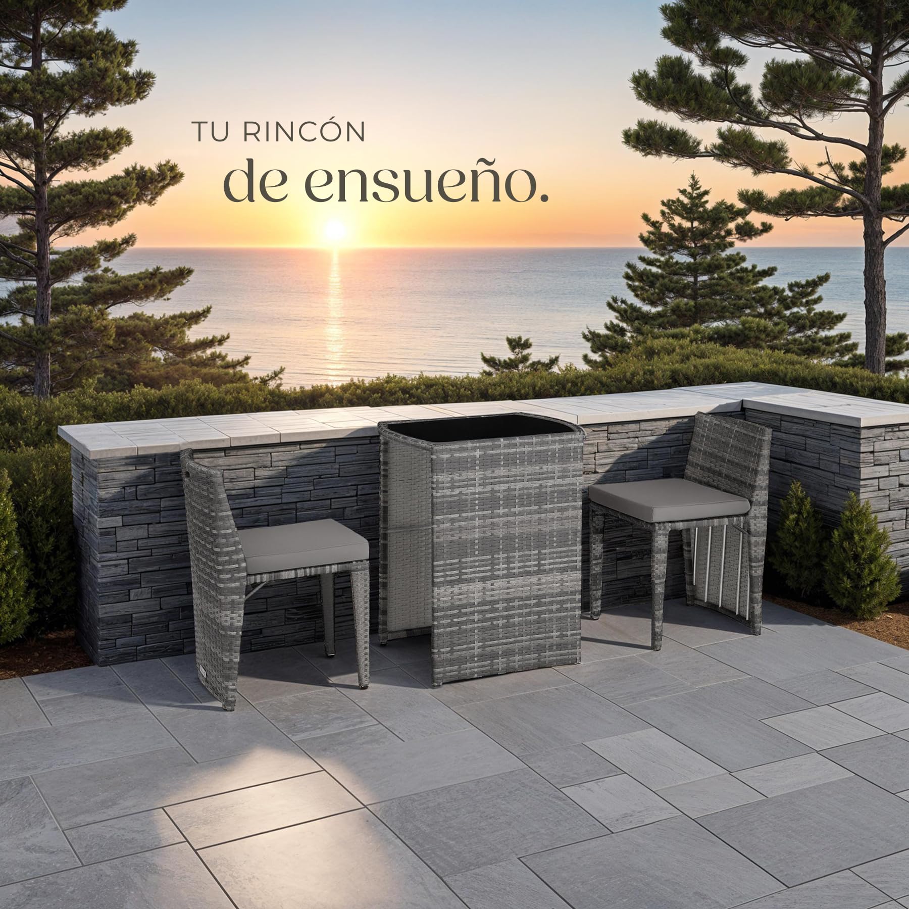 TecTake Set Jardín 2 Sillas + Mesa Cristal, Agrupable, Cojines, Gris