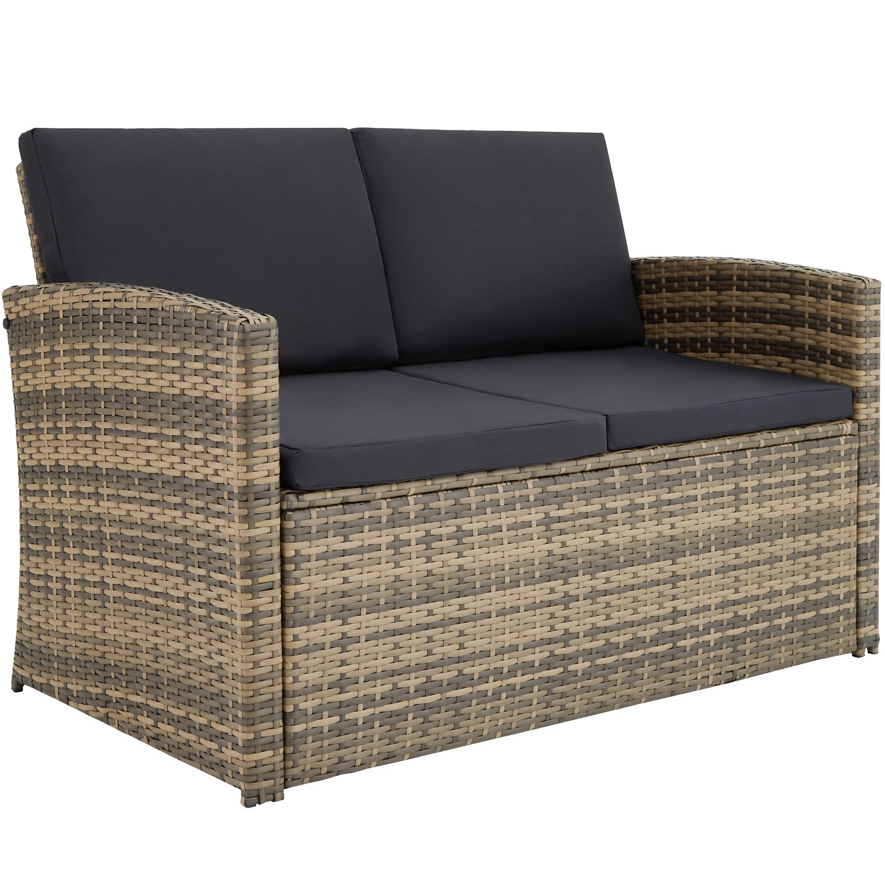 Tectake Set Ratán/Acero: 2 Sillones + Sofá + Mesa Cristal, Cojines, Natural