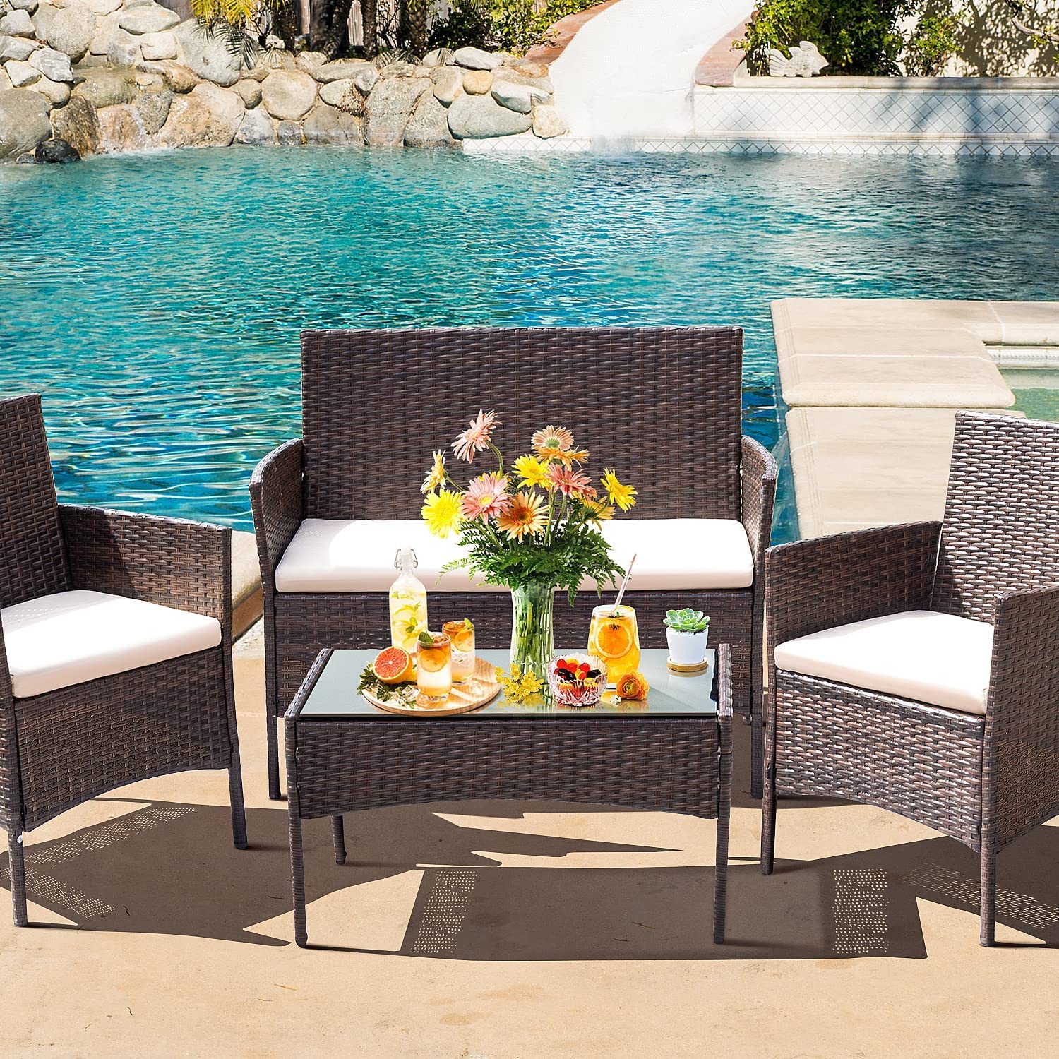 JINPALAY Set Jardín 4 Pzas: 2 Sillones + Sofá Doble + Mesa, Ratán
