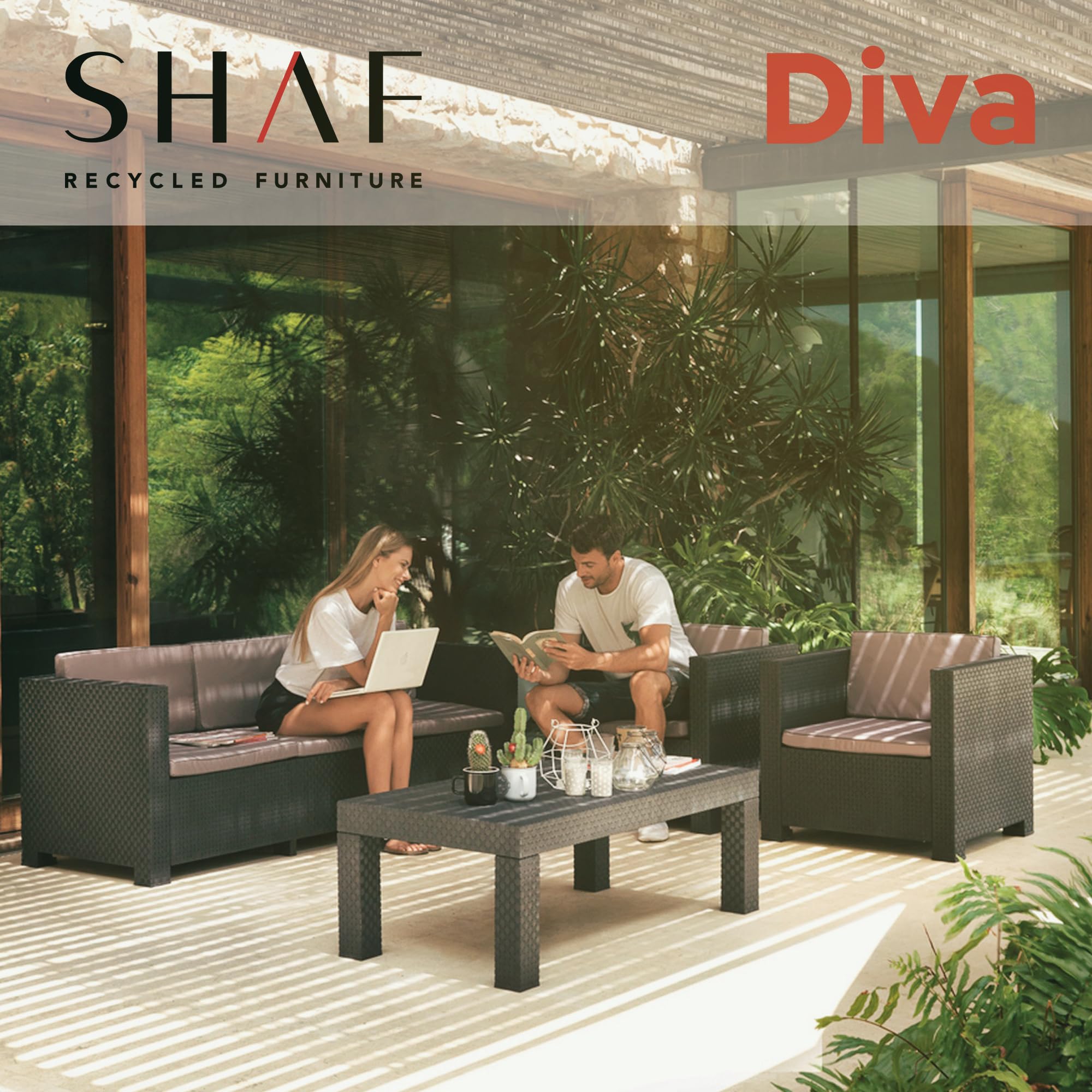 SP Berner Set Diva Tropea Grafito: Sofá 3P + 2 Sillones + Mesa, Reciclado