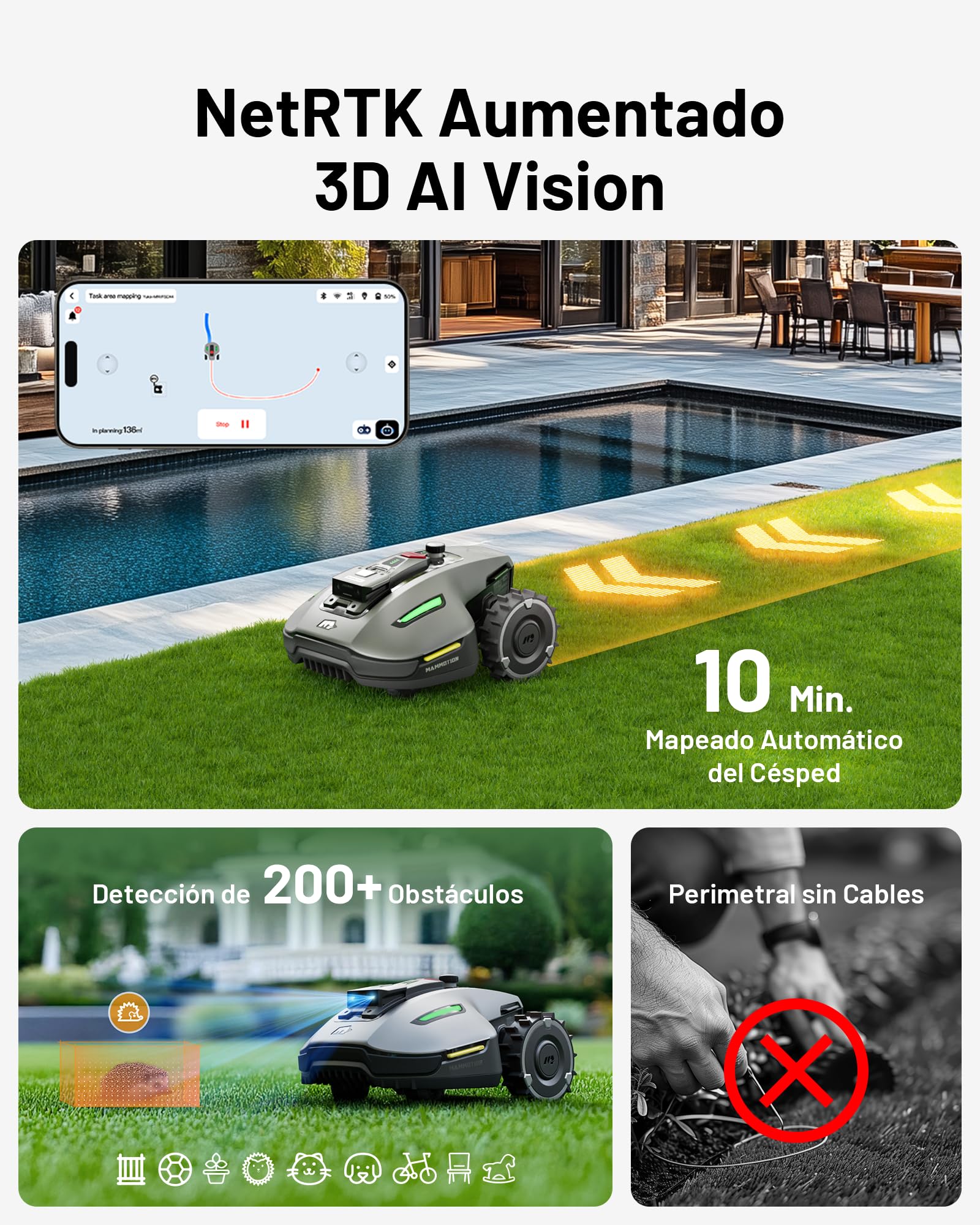MAMMOTION YUKA Mini 700 Robot Cortacésped Sin Cables 700m², 50% Pendiente, 4G