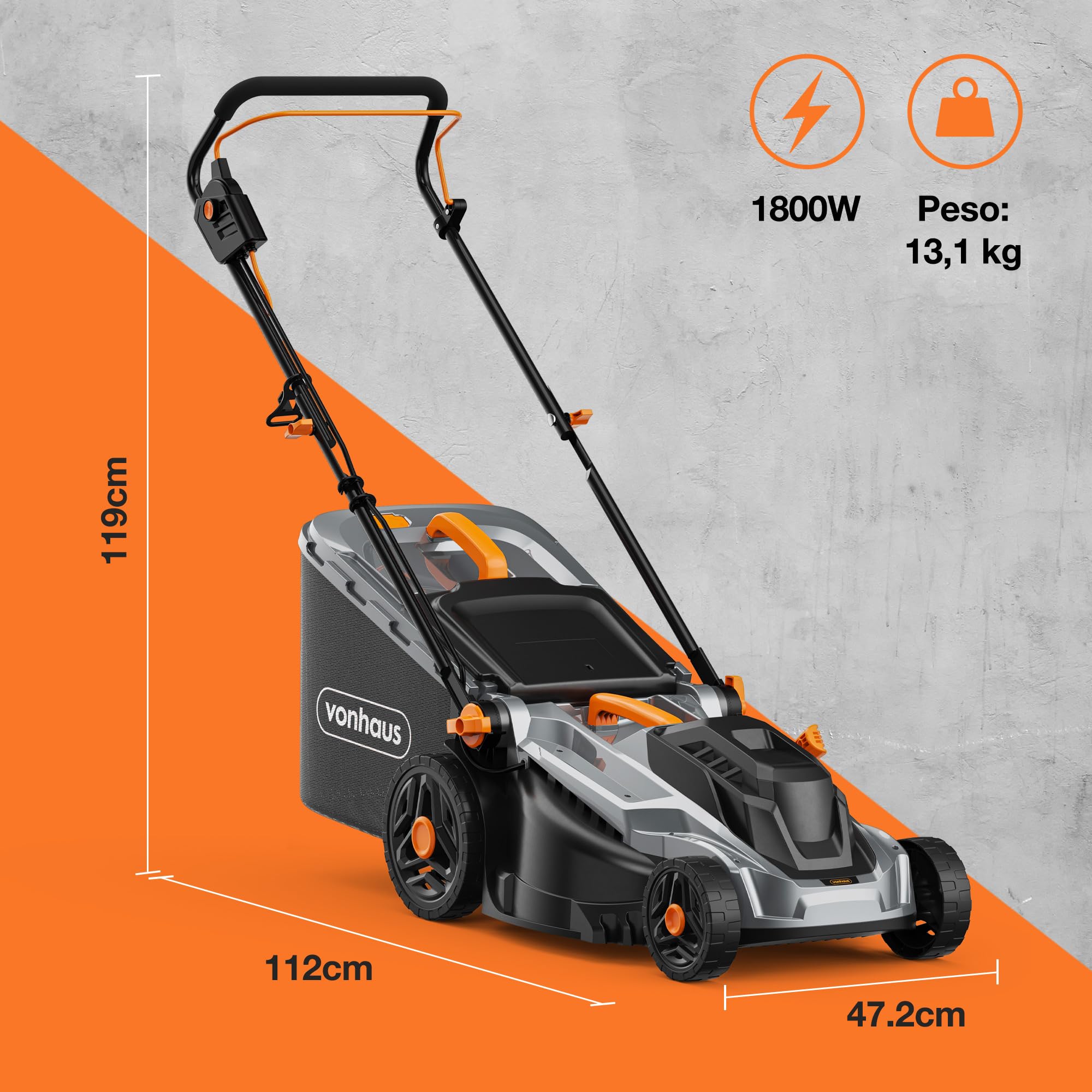 VonHaus Cortacésped Eléctrico 1800W 38-43cm, 42-52L, 5 Niveles