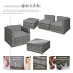 TecTake Set Jardín Ratán/Acero: 4 Sillones + Mesa Cristal + Puf, Cojines, Gris