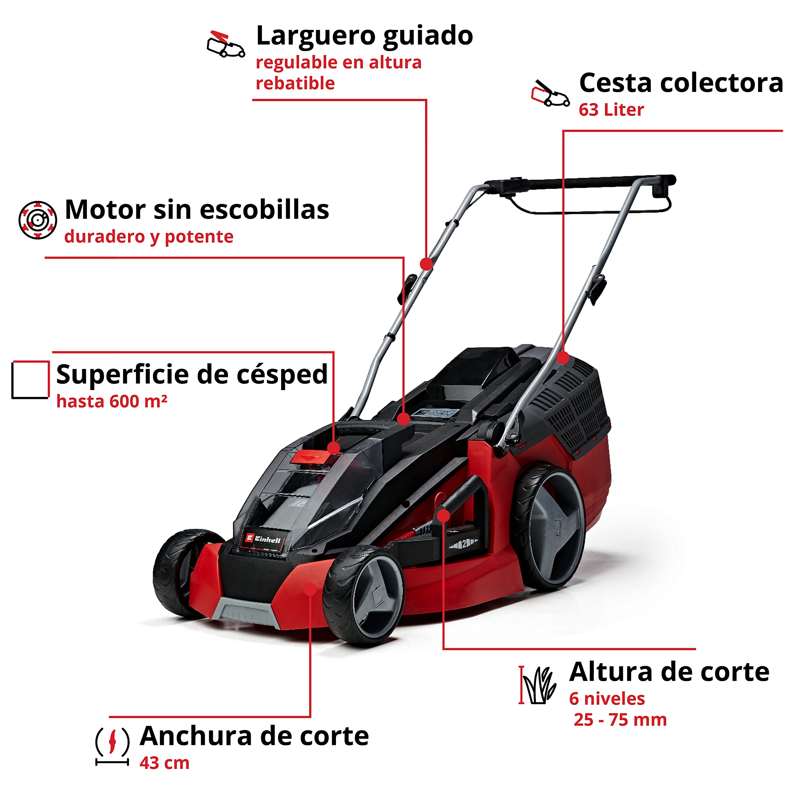 Einhell GE-CM 43 Li M Kit Cortacésped Batería 43cm 600m², Mulching, 63L, 2 Baterías