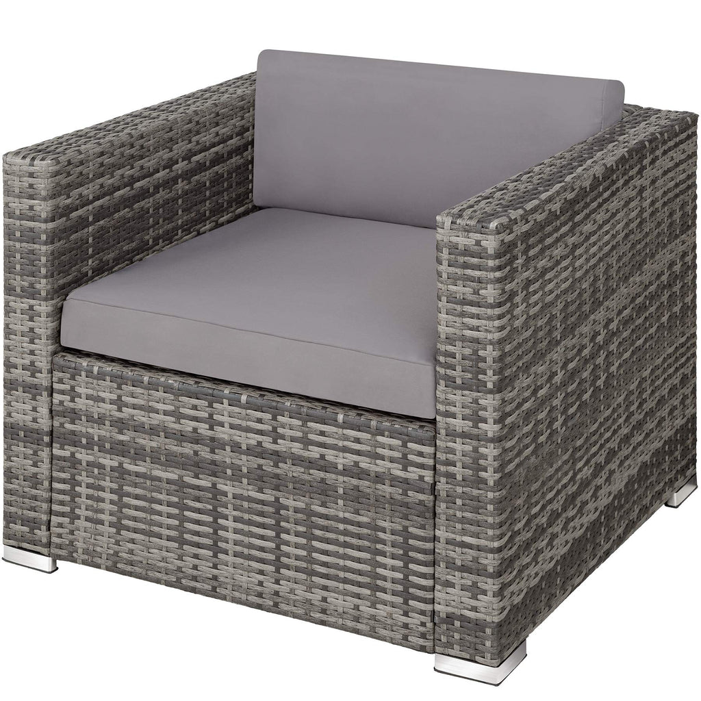 TecTake Set Jardín Ratán/Acero: 4 Sillones + Mesa Cristal + Puf, Cojines, Gris