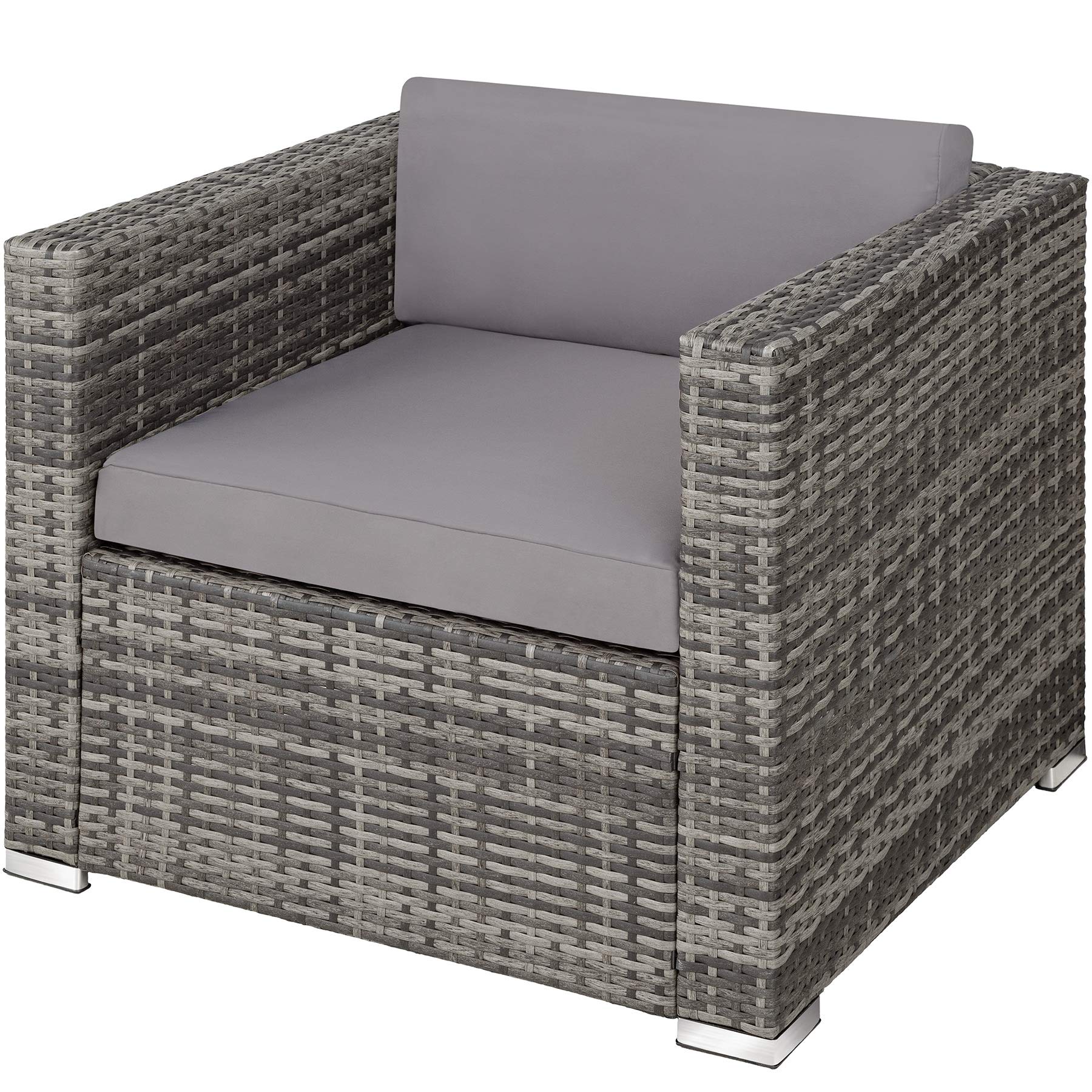 TecTake Set Jardín Ratán/Acero: 4 Sillones + Mesa Cristal + Puf, Cojines, Gris
