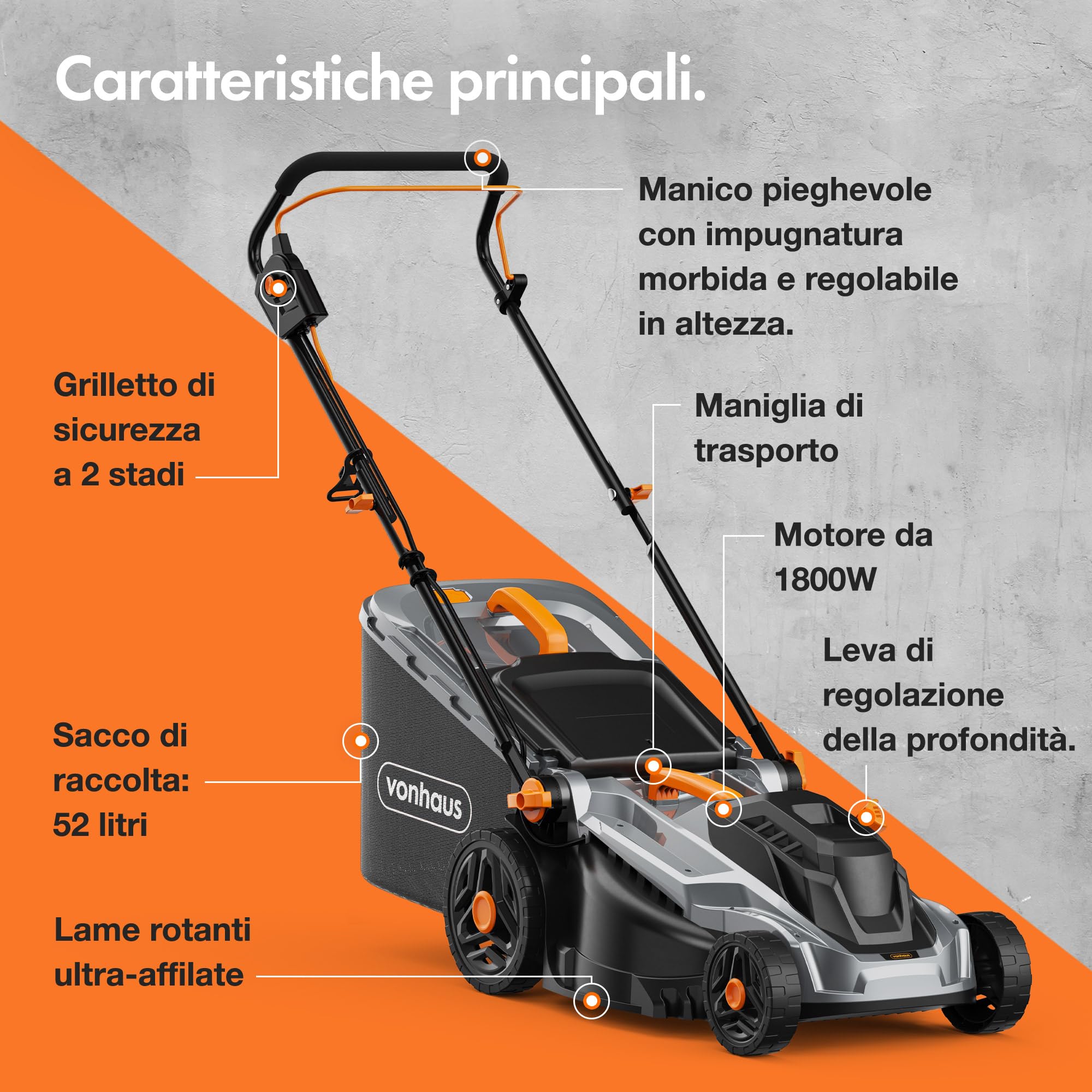 VonHaus Cortacésped Eléctrico 1800W 38-43cm, 42-52L, 5 Niveles