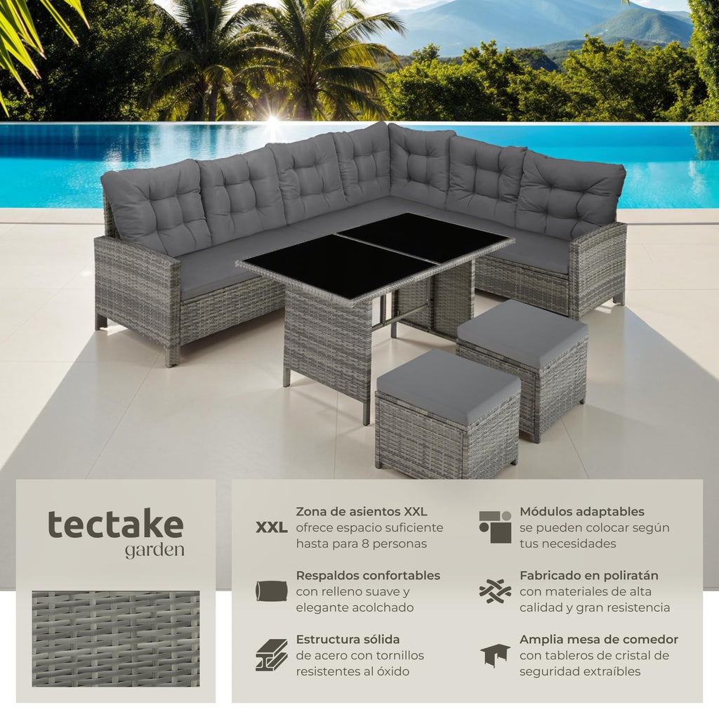 TecTake Set Esquina Ratán 5 Pzas: Sofá + 2 Taburetes + Mesa, Gris/Beige