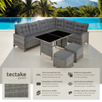 TecTake Set Esquina Ratán 5 Pzas: Sofá + 2 Taburetes + Mesa, Gris/Beige