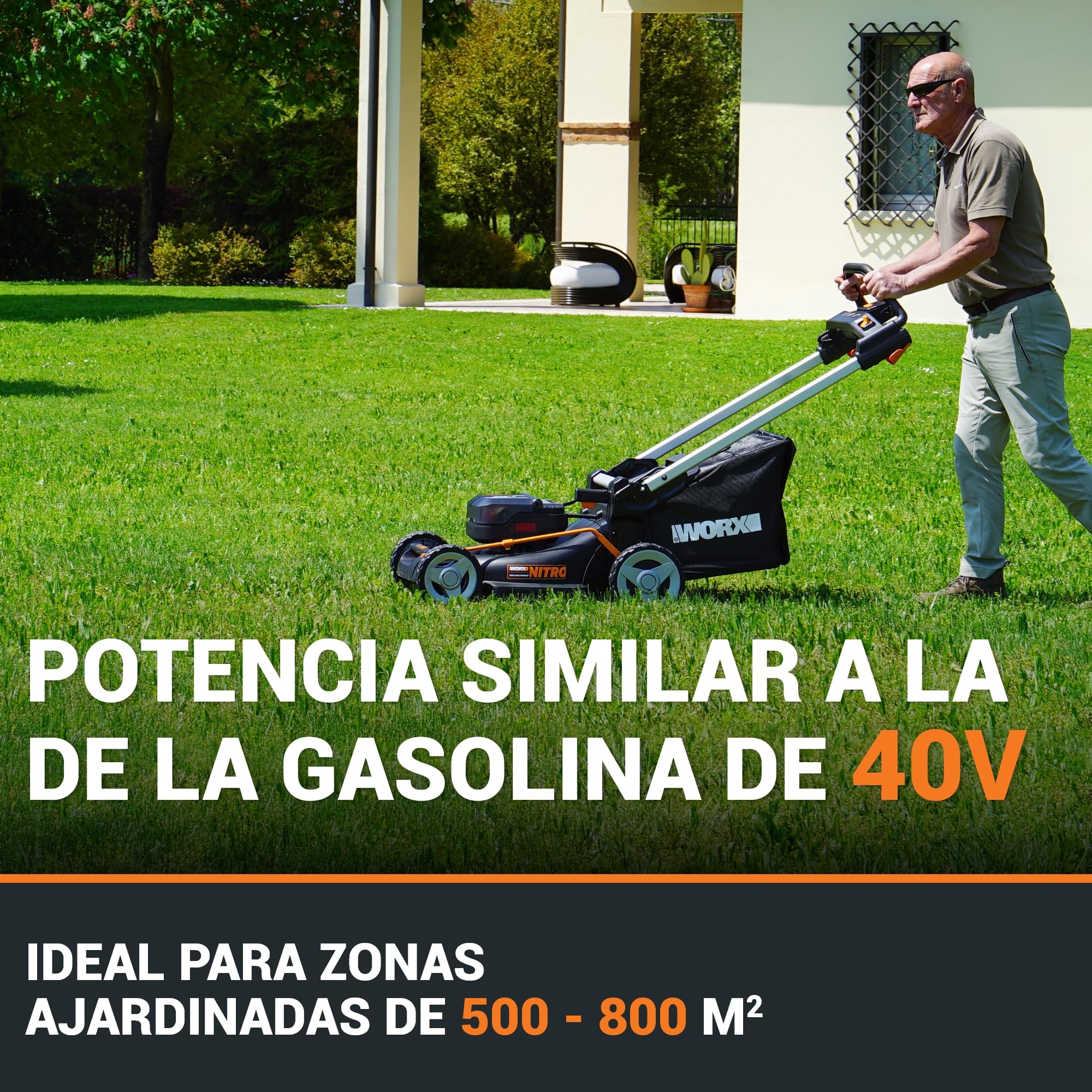 WORX WG749E Nitro Cortacésped 40V 46cm, Tracción, Mulching, 7 Alturas, 2 Baterías