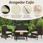 Yaheetech Set Ratán 4 Pzas: Sofá + 2 Sillones + Mesa Vidrio, Marrón/Beige