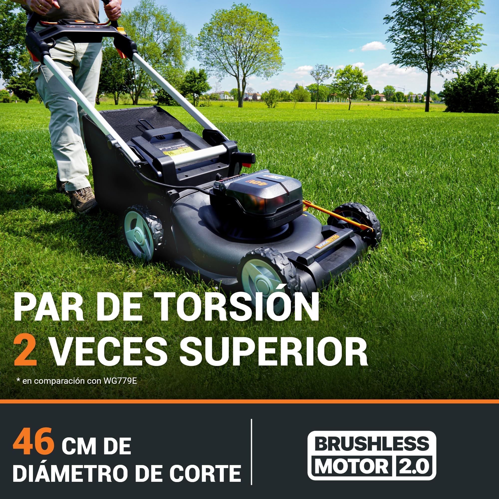 WORX WG749E Nitro Cortacésped 40V 46cm, Tracción, Mulching, 7 Alturas, 2 Baterías