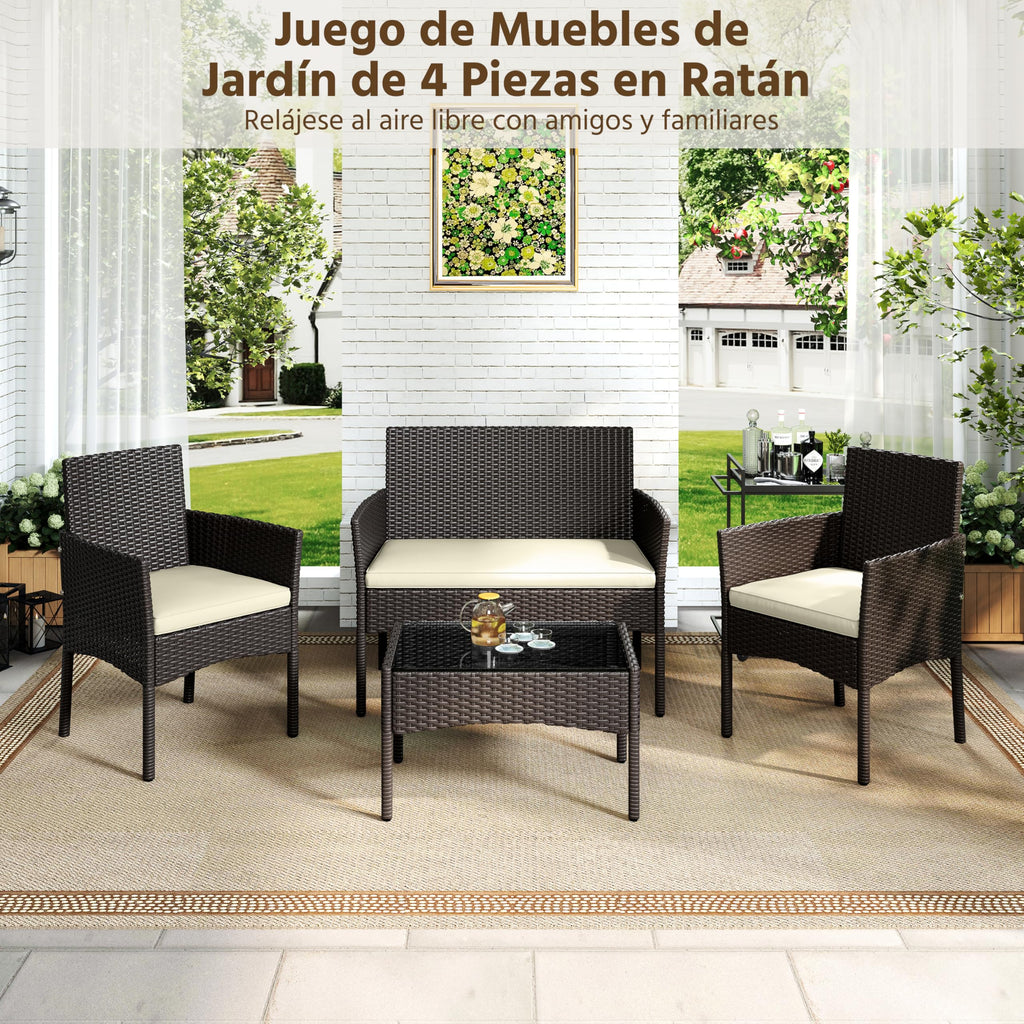 Yaheetech Set Ratán 4 Pzas: Sofá + 2 Sillones + Mesa Vidrio, Marrón/Beige