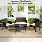 Yaheetech Set Ratán 4 Pzas: Sofá + 2 Sillones + Mesa Vidrio, Marrón/Beige