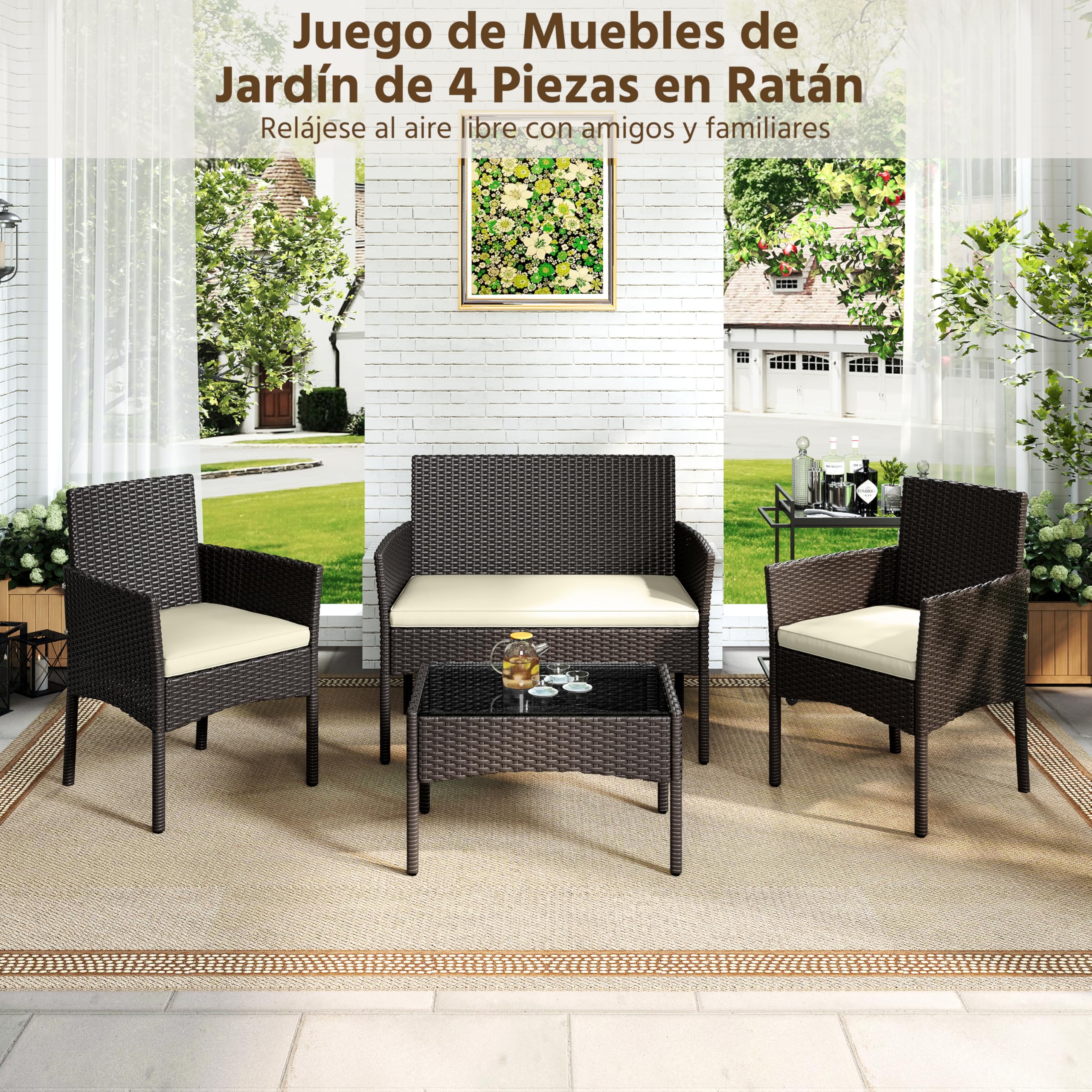 Yaheetech Set Ratán 4 Pzas: Sofá + 2 Sillones + Mesa Vidrio, Marrón/Beige